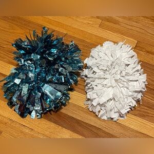 High School Varsity Cheerleading Pom Poms Teal Blue & White Set